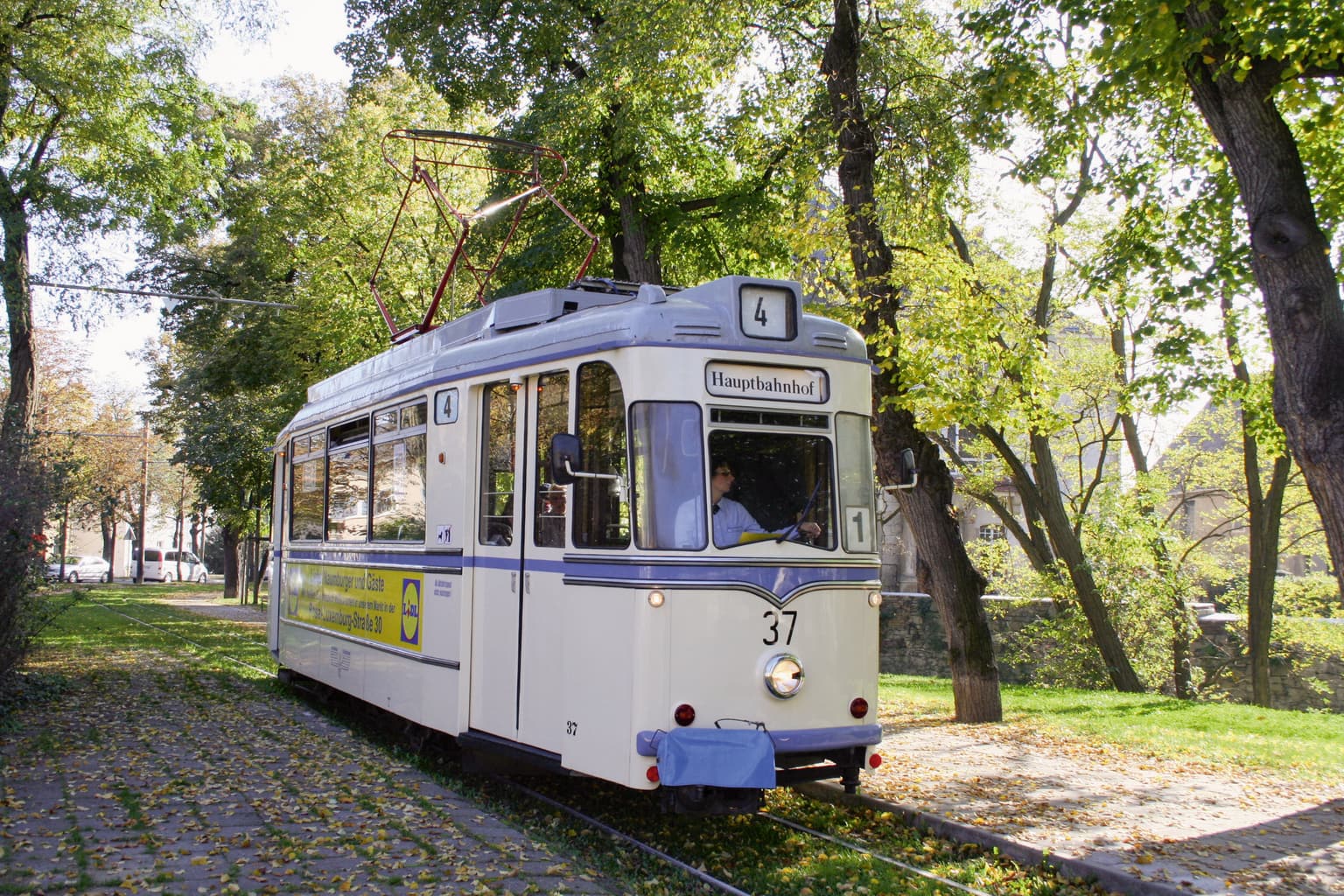 Een oude tram rijdt door Naumburg an der Saale