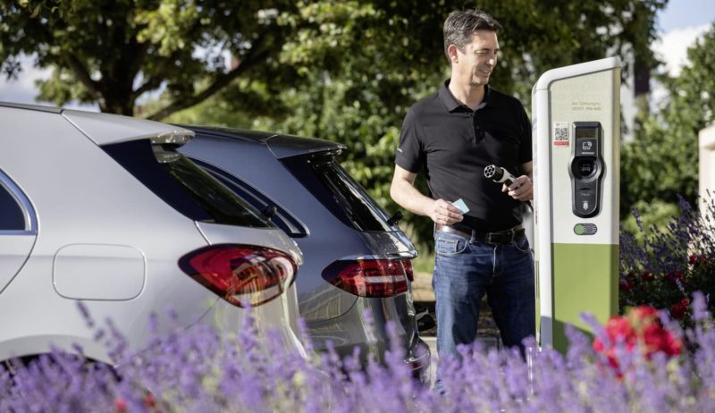 Een man sluit zijn plugin hybrid auto van Mercedes Benz aan bij een elektrisch tankstation in de buurt van een lavendelveld