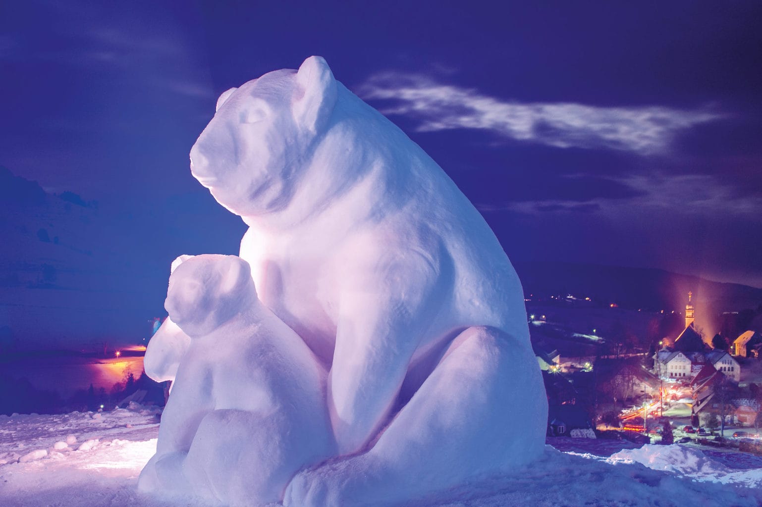 Twee beren van sneeuw genieten van de winter in het Zwarte Woud in Bernau