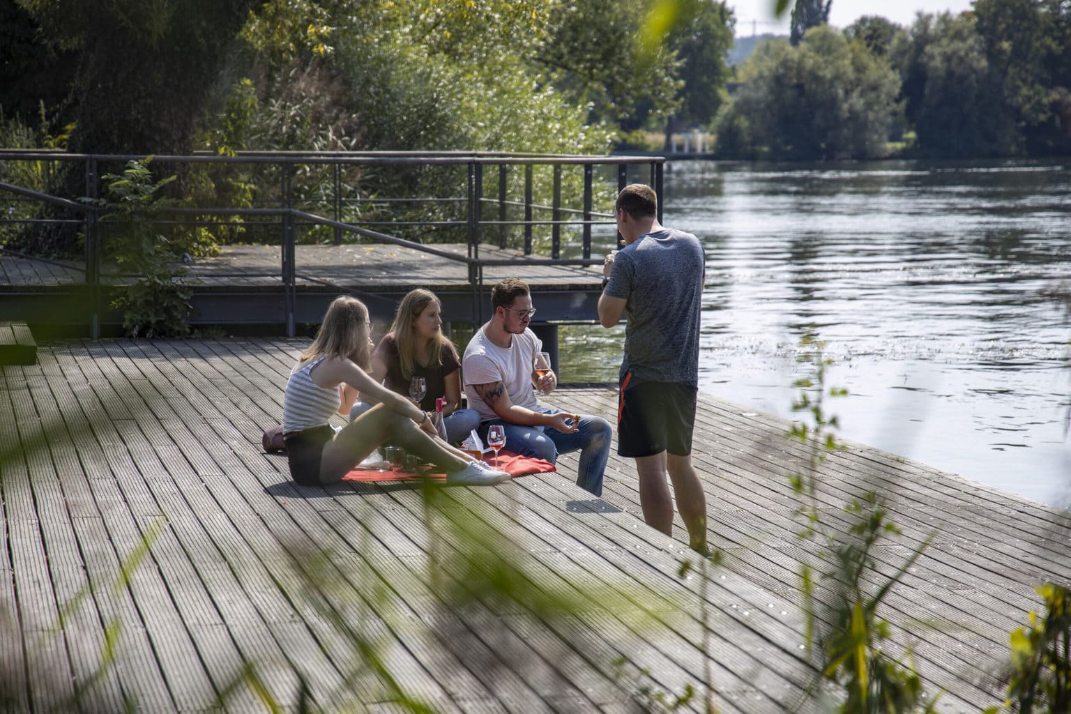 Jonge mensen tijdens een picknick aan de oevers van de Main, ook dat hoort bij wellness in Franken