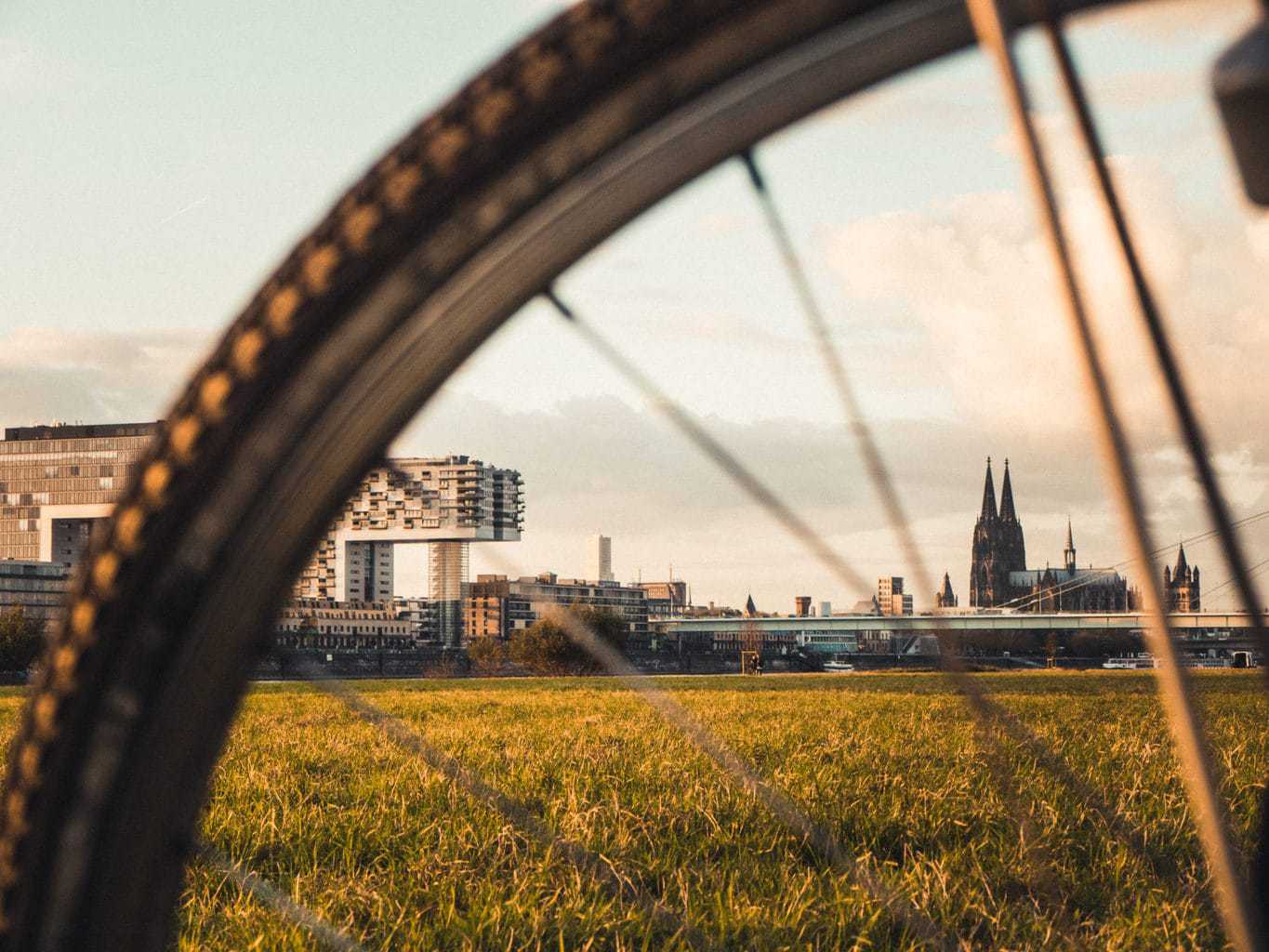 Gezicht op de dom van Keulen en de Rijn via een wiel van een fiets