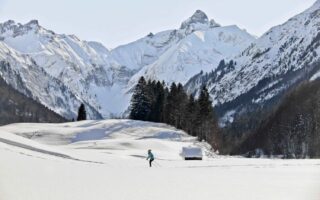 Vrouw in de buurt van Oberstdorf voor alpenreuzen