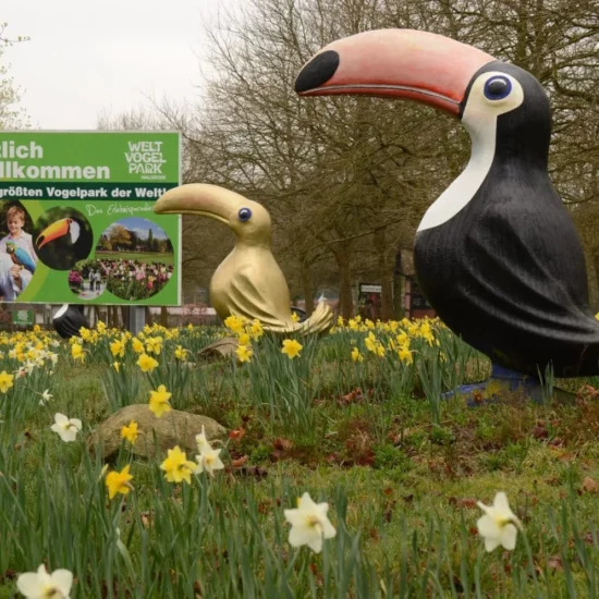 Figuren van rare vogels tussen narcissen in Weltvogelpark Walsrode