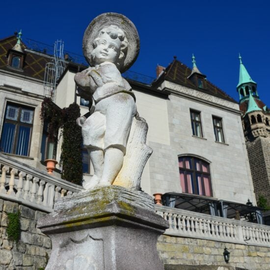 Oud standbeeld in de historische binnenstad van Quedlinburg in de Harz