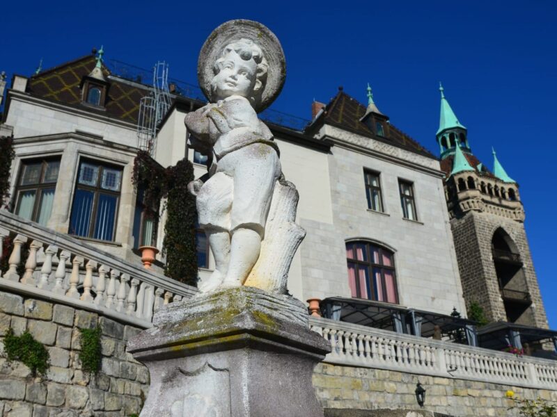 Oud standbeeld in de historische binnenstad van Quedlinburg in de Harz