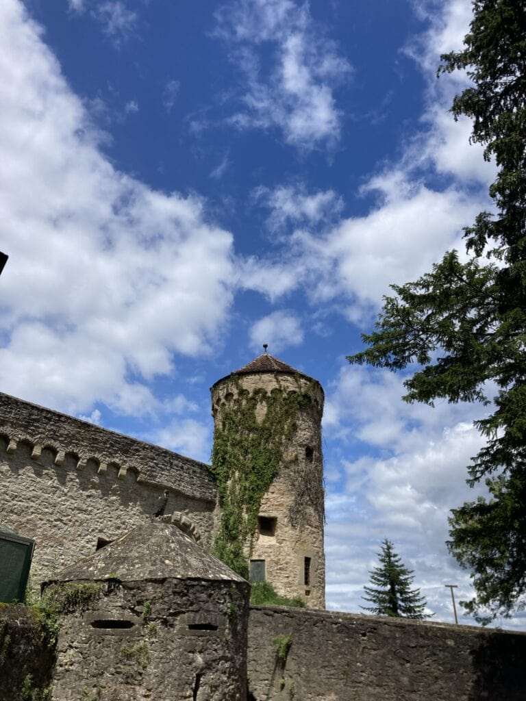 De toren von burcht Guttenberg aan de Neckar in het Duitse Odenwald