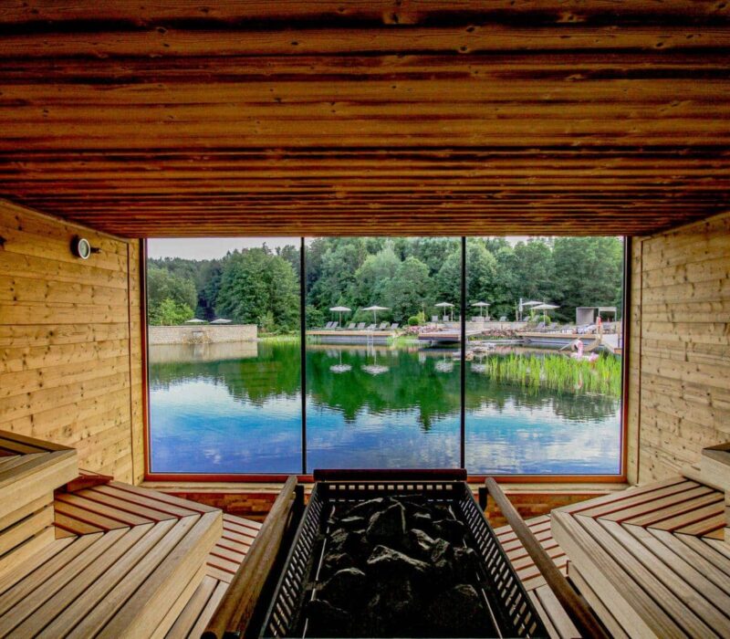 Uitzicht uit de sauna van een van de leukste wellness-hotels van Duitsland, het Hotel Pfalzblick Wald Spa Resort