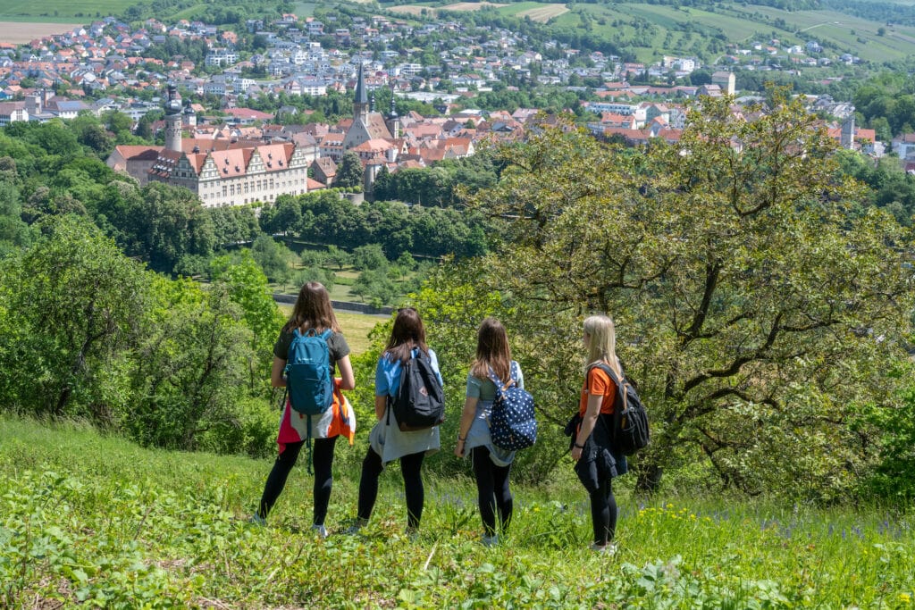 Vier mensen wandelen over het Taubertal panoramapad bij Weikersheim in Duitsland