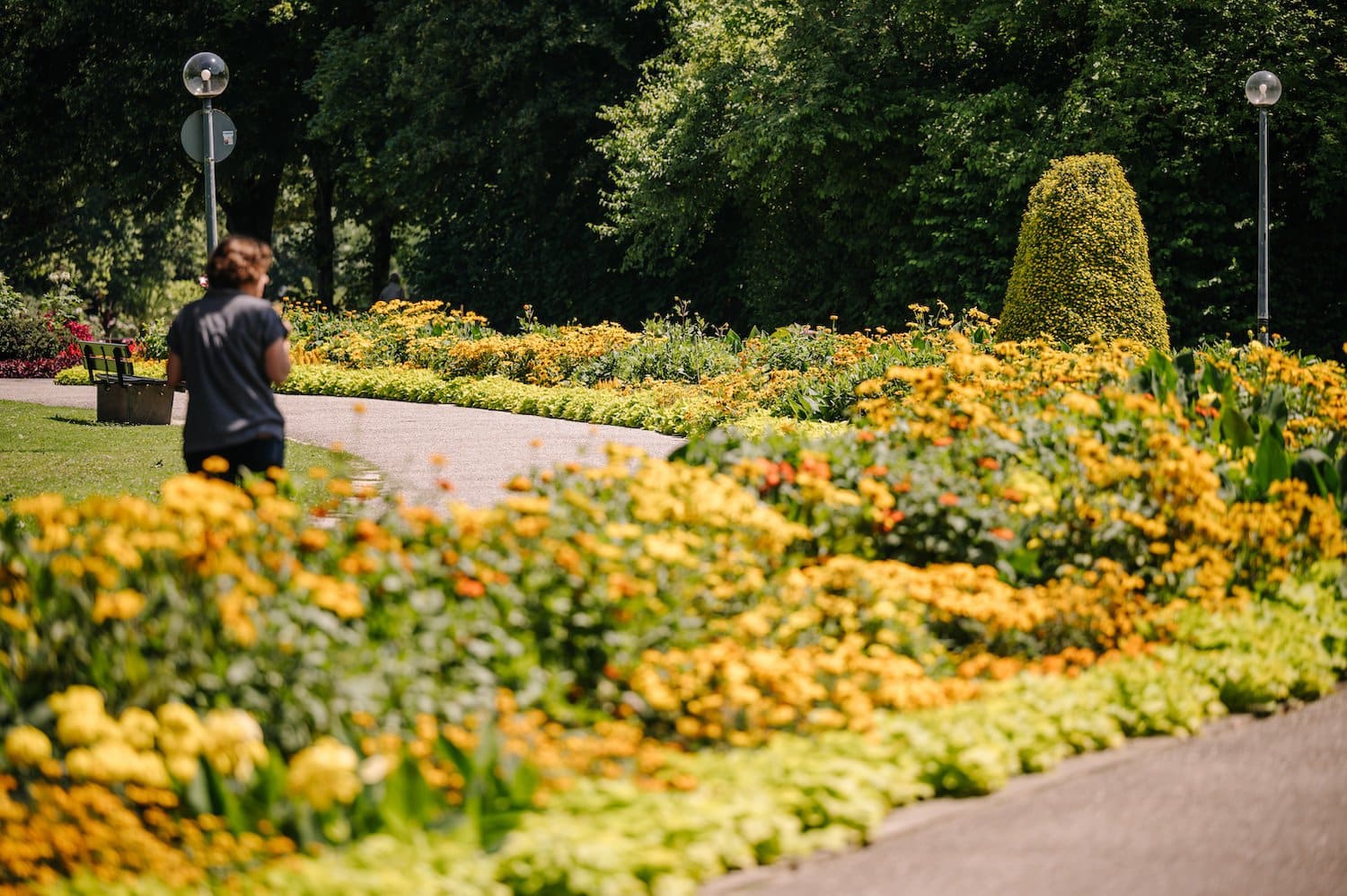 Persoon loopt door bloemen in de kuurtuin als onderdeel van natuurtherapie in Bad Füssingen, een kuuroord in Beieren, Duitsland