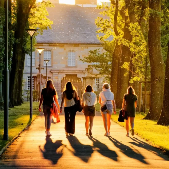 Vijf vrouwen maken een wandeling in de Hofgarten in Bayreuth, Beieren, Duitsland