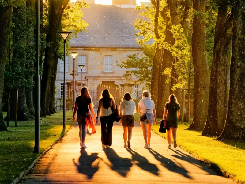 Vijf vrouwen maken een wandeling in de Hofgarten in Bayreuth, Beieren, Duitsland