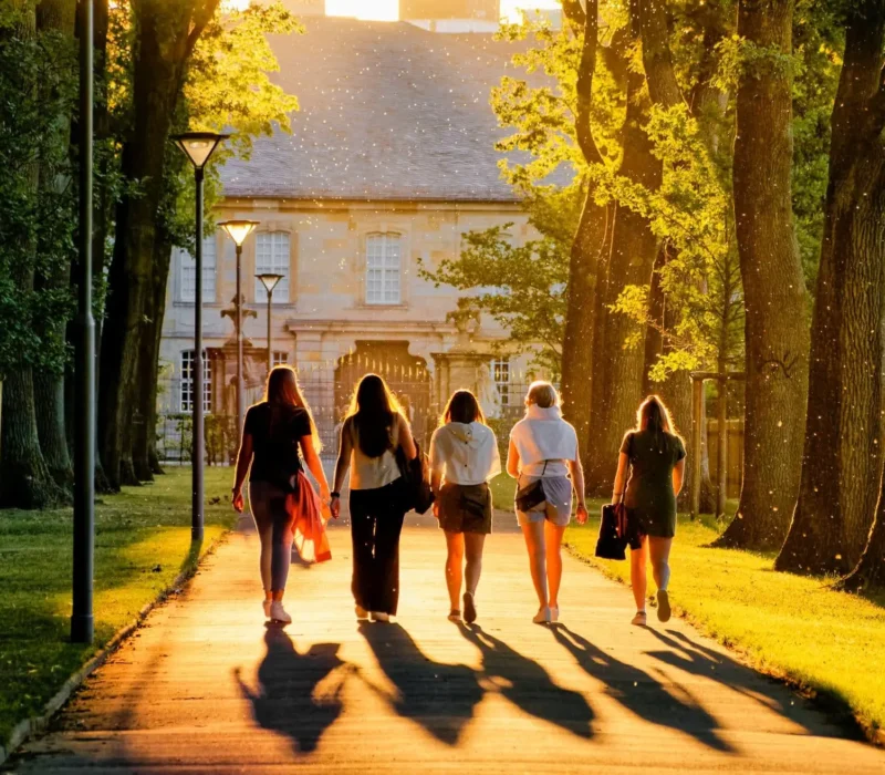 Vijf vrouwen maken een wandeling in de Hofgarten in Bayreuth, Beieren, Duitsland