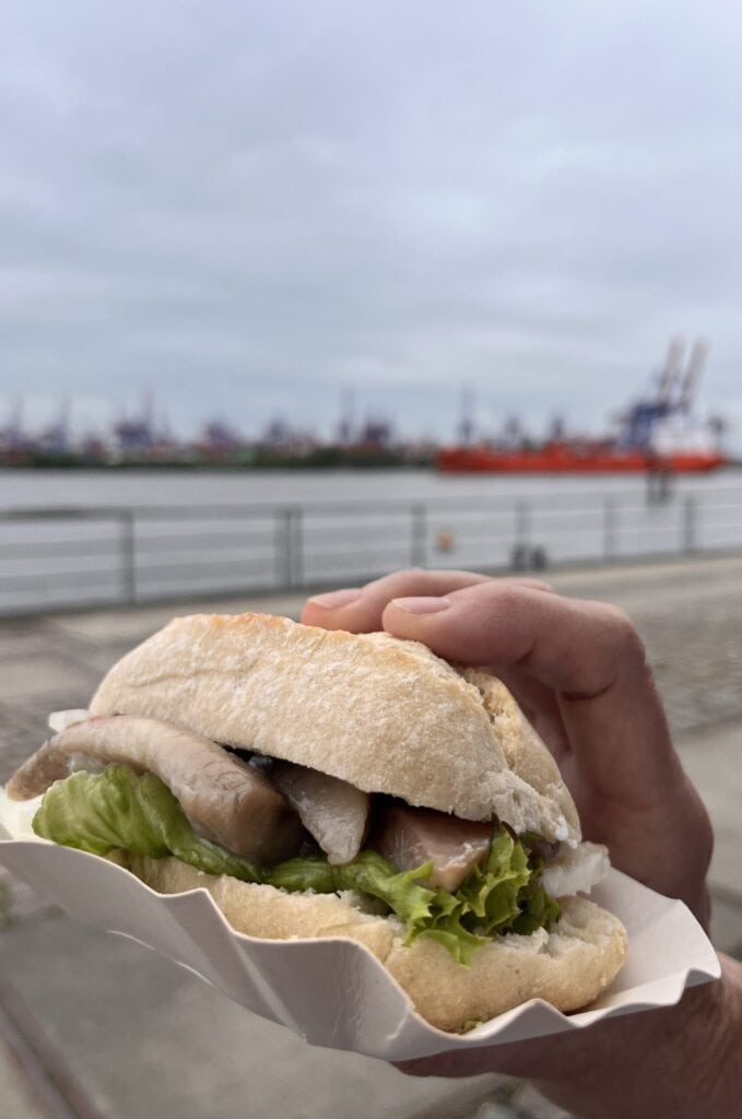 Fischbrötchen (broodjes vis) eten bij de haven van Hamburg, Duitsland