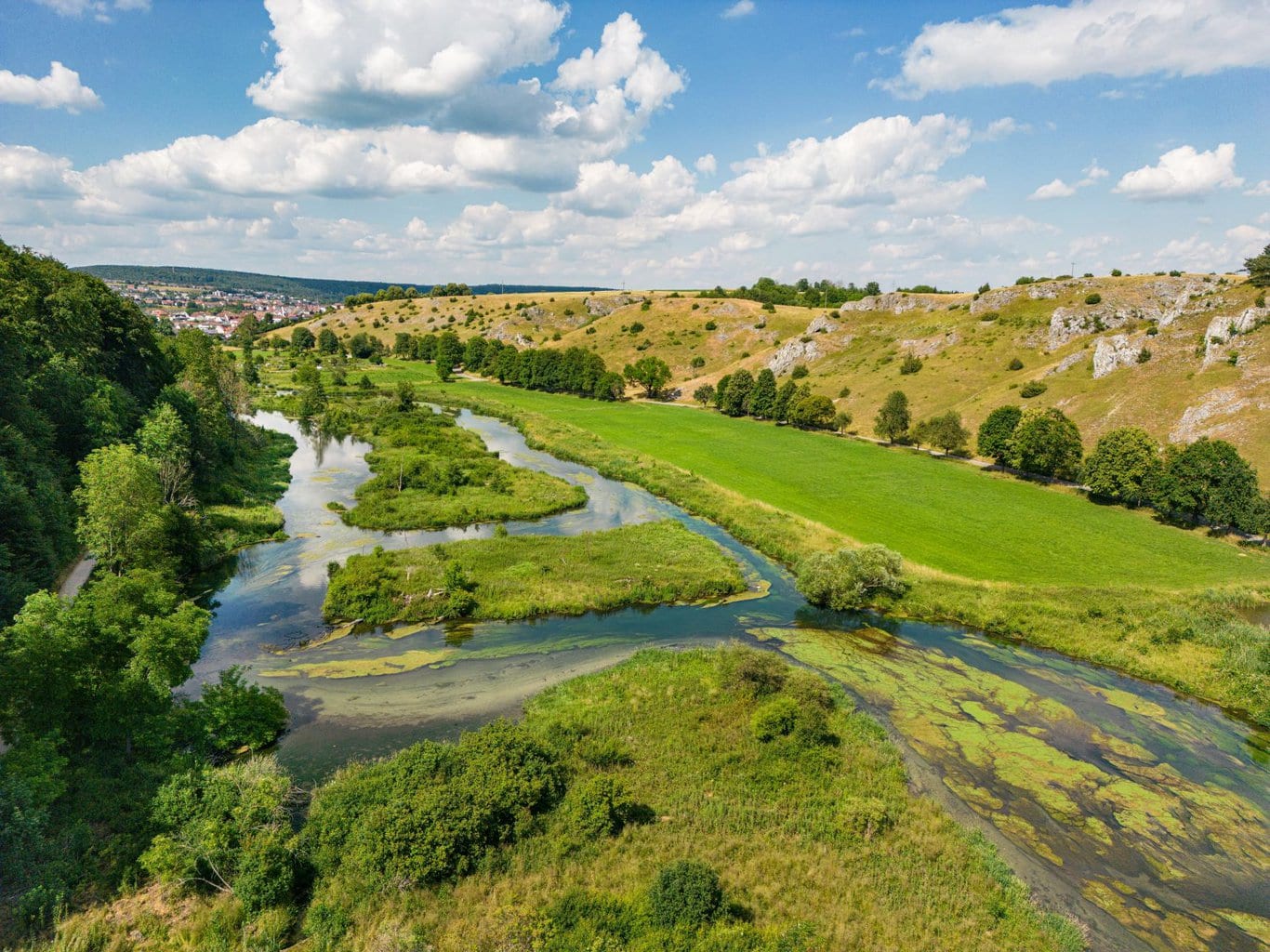 De Brenz stroomt door het Eselsburgdal in de Schwäbische Alb, Baden-Württemberg, Duitsland