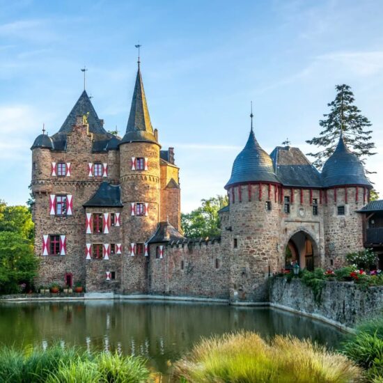 Kasteel Satzvey aan de waterkant in Keulen, Noordrijn-Westfalen, Duitsland.