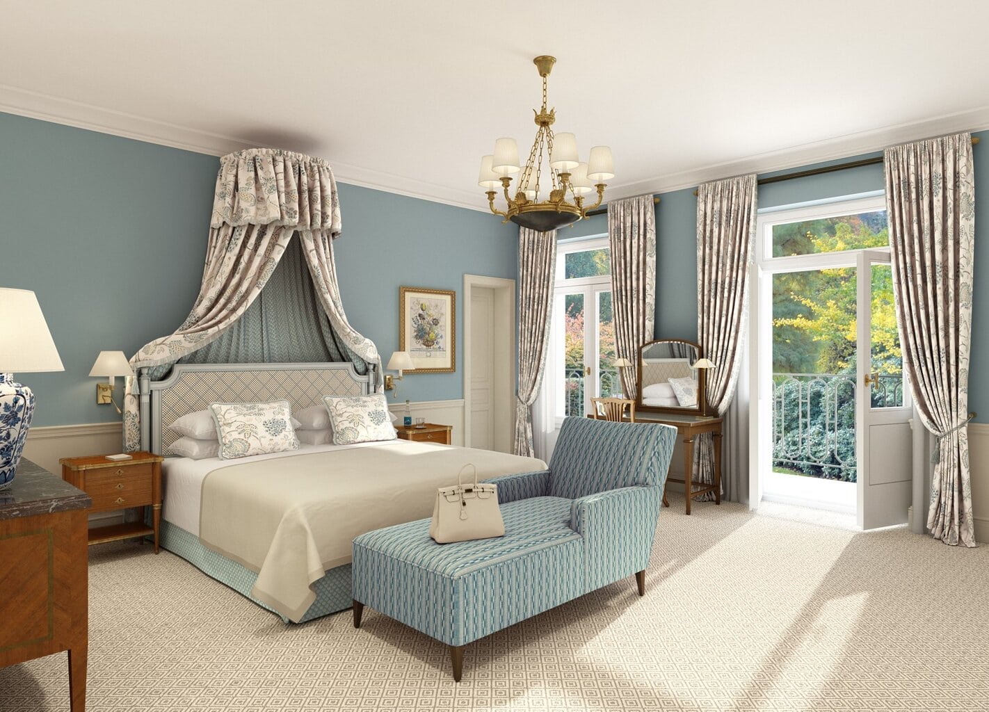 Luxe en elegant ingerichte hotelkamer in het Brenners Park-Hotel & Spa in Baden-Baden, met klassieke meubels, zachte pasteltinten en uitzicht op een groene tuin. Deze stijlvolle kamer weerspiegelt de verfijnde charme van het beste luxehotel van Duitsland, ideaal voor ontspanning en exclusief comfort in een historische ambiance.