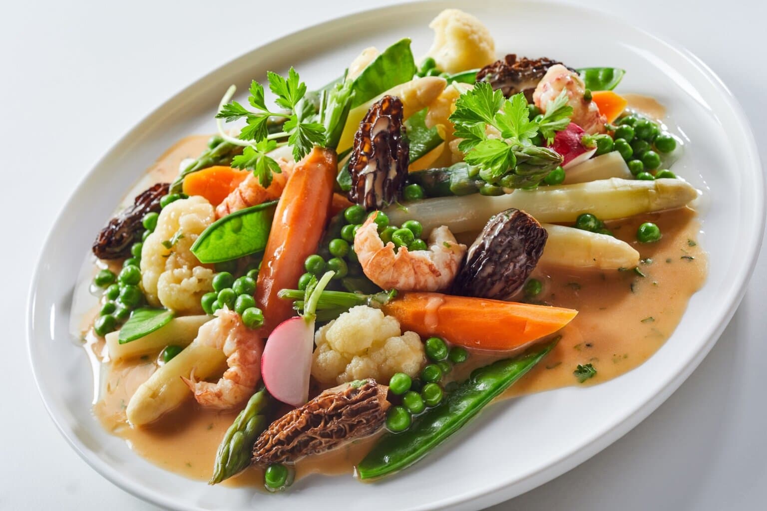 Leipziger Allerlei met witte asperges, wortels, doperwten, bloemkool, morieljes en rivierkreeftjes in een lichte saus – een kleurrijk lentegerecht en een verfijnde vertegenwoordiger van de typisch Duitse gerechten uit Saksen.