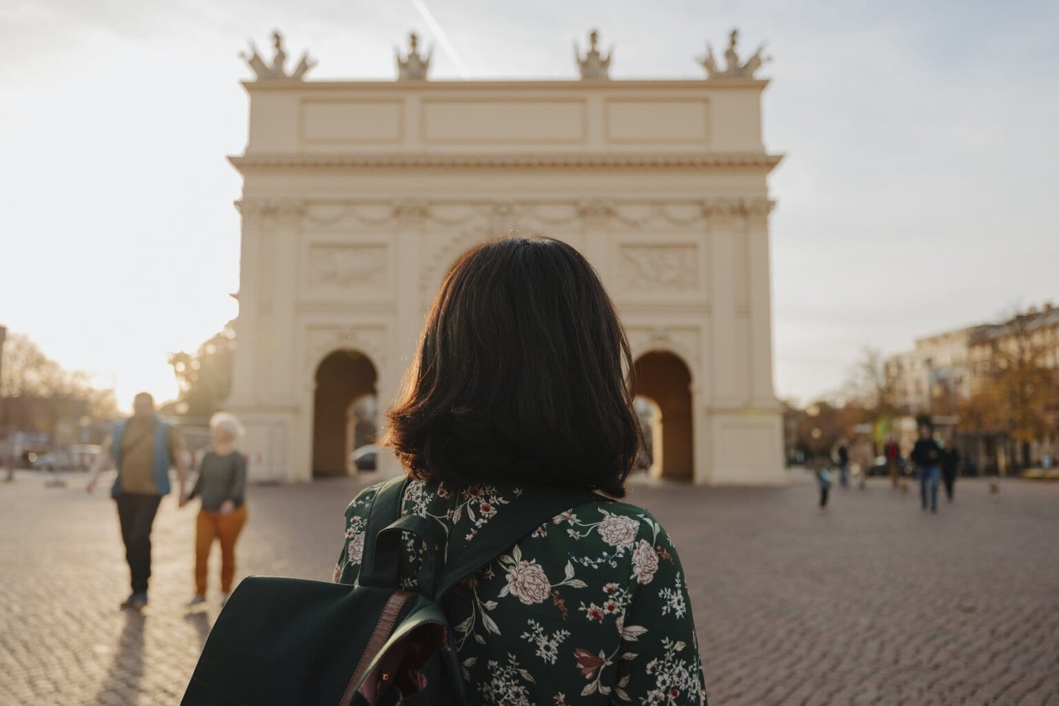 Een vrouw met rugzak kijkt naar de Brandenburger Tor in het zachte avondlicht, waar geschiedenis en rust samen een van de bijzondere Geheimtips Potsdam vormen.