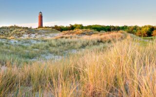 De vuurtoren van Darßer Ort bij Prerow boven het duinlandschap aan de Oostzee