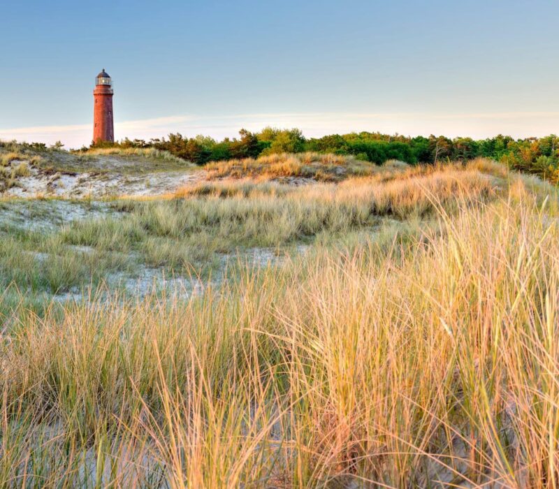 De vuurtoren van Darßer Ort bij Prerow boven het duinlandschap aan de Oostzee