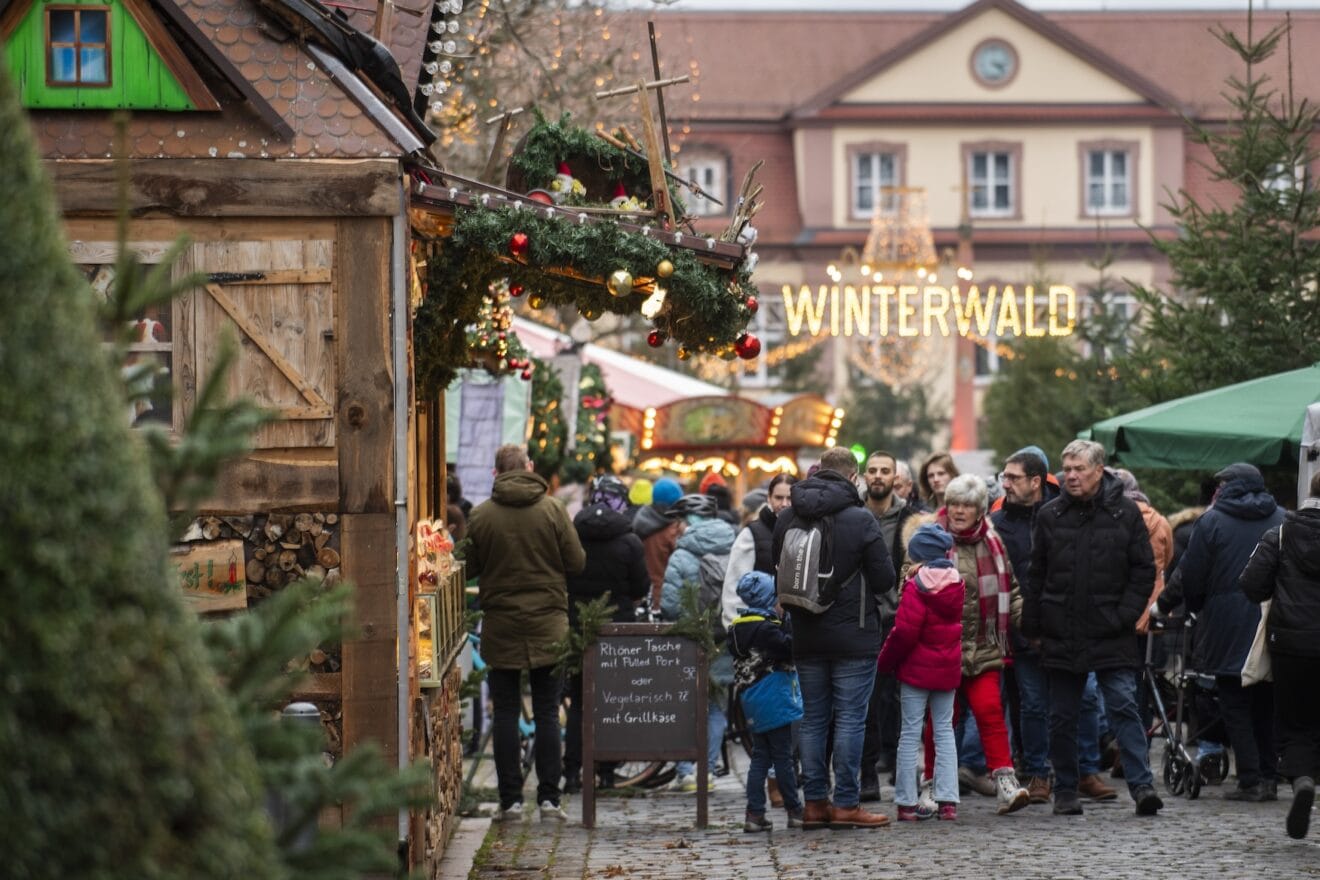 Winterbos met verlichte kerstboom op de kerstmarkt in Fulda