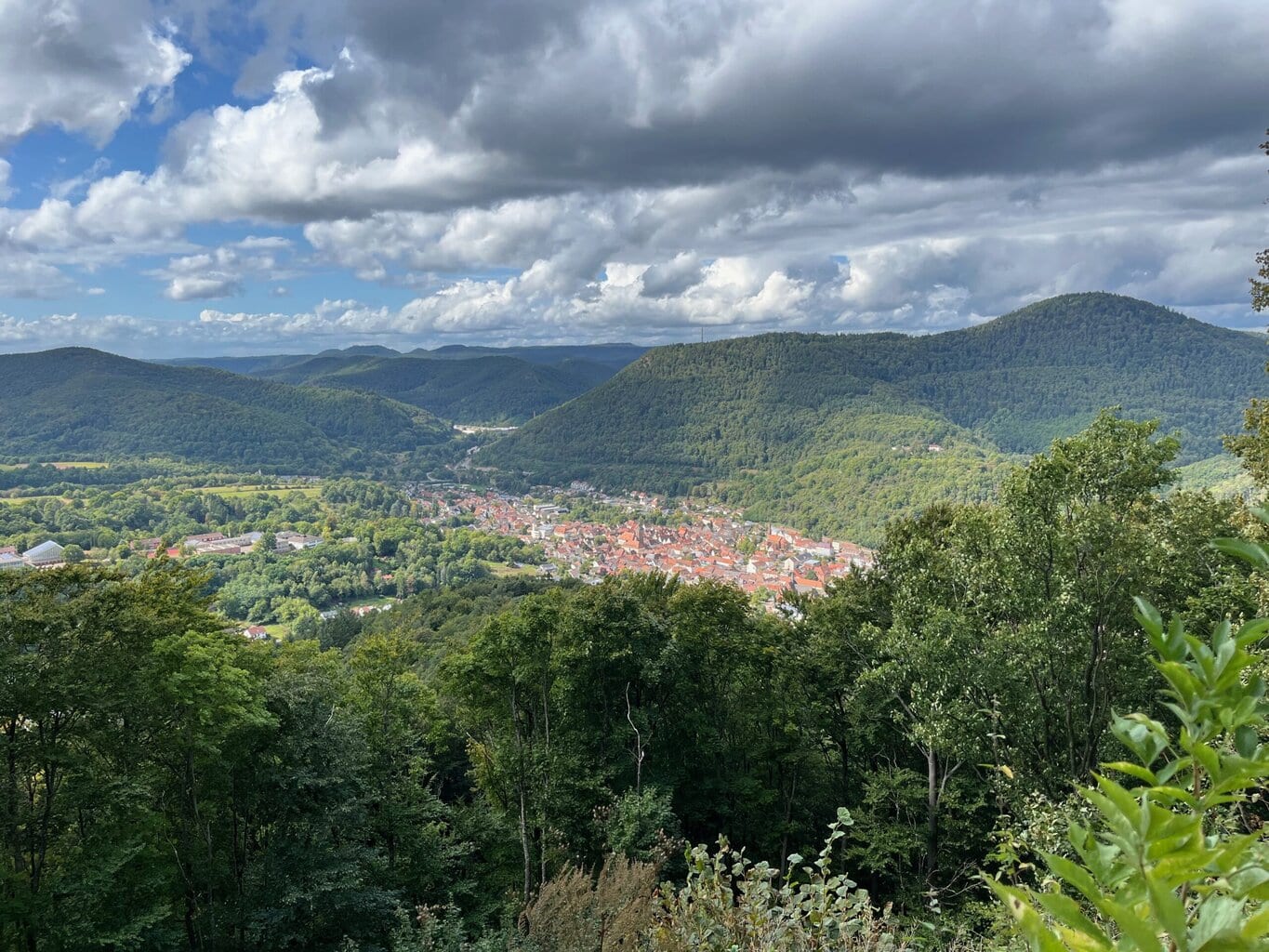 Panoramisch uitzicht over een groene vallei met roodgedakte dorpjes, waar het landschap van Saarland Rijnland-Palts zich als een zacht golvend tapijt uitstrekt.
