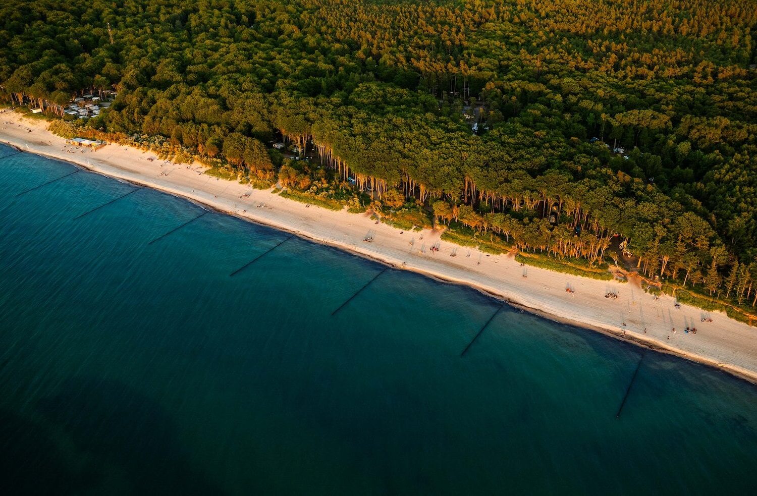 Dronefoto van de Oostzee, het zandstrand en het groene bos in Graal Müritz