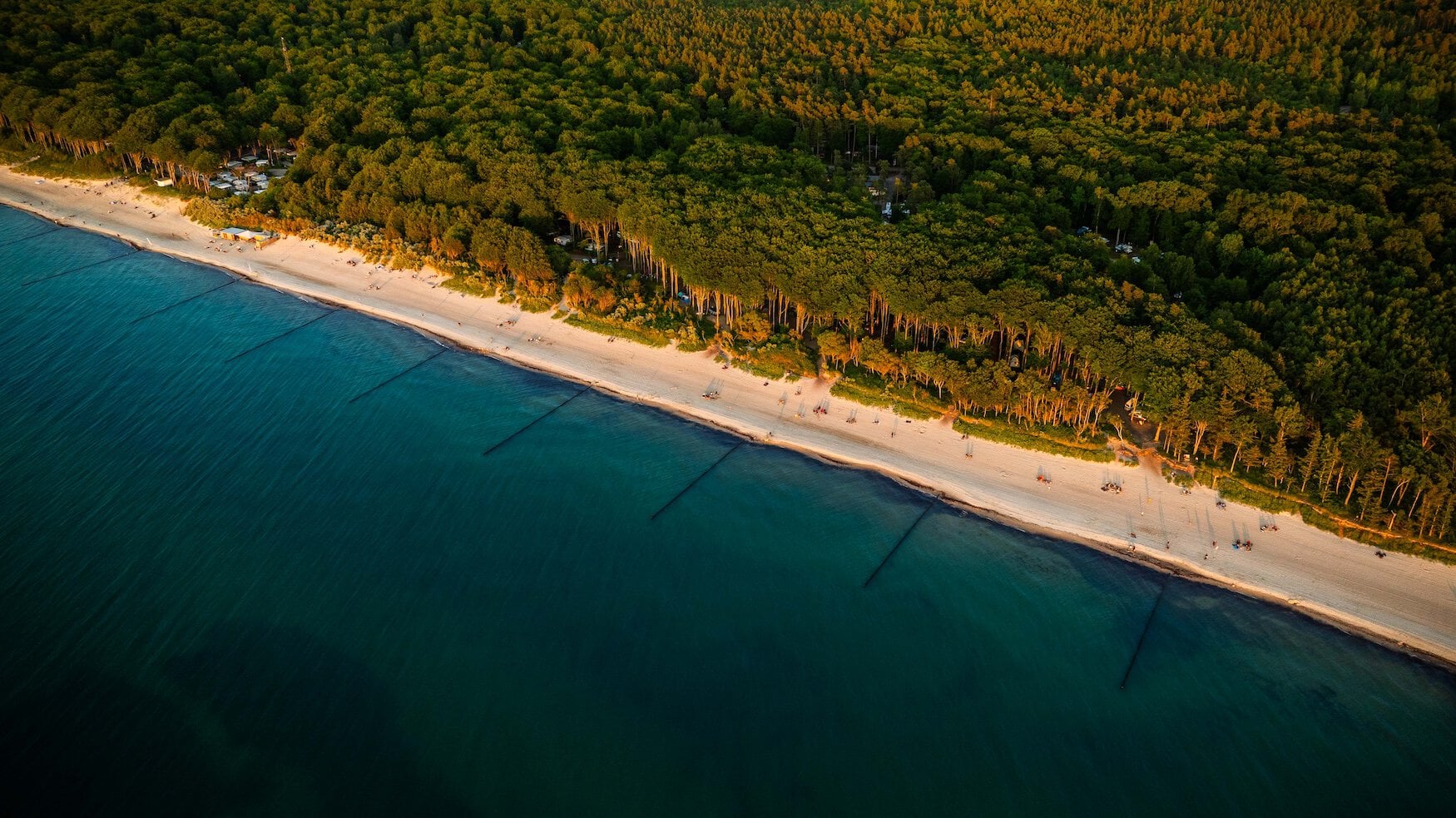 Dronefoto van de Oostzee, het zandstrand en het groene bos in Graal Müritz
