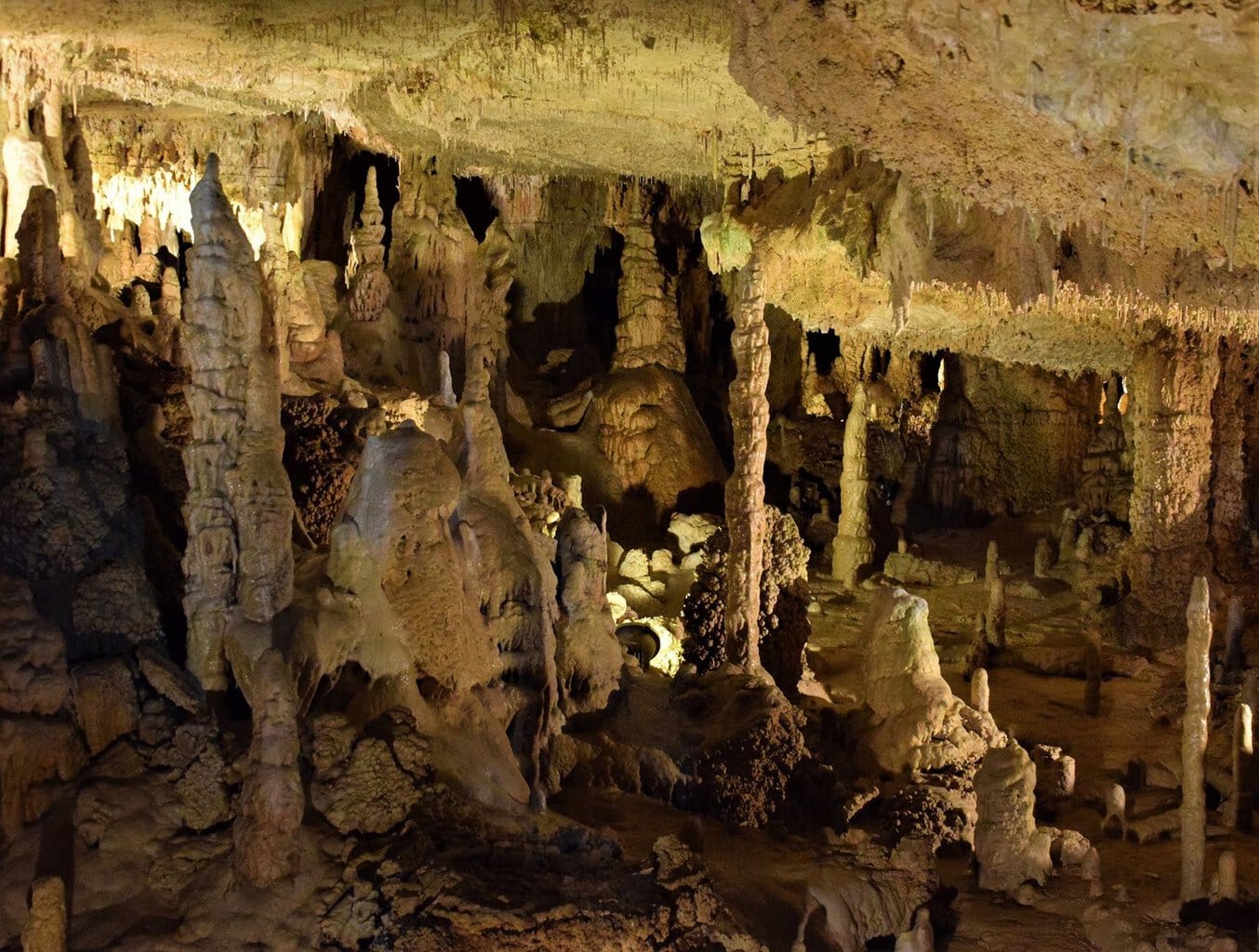 Uitgestrekte druipsteengrot met talrijke stalagmieten en stalaktieten in de König-Otto-druipsteengrot in de Oberpfalz bij Velburg, warm verlicht.